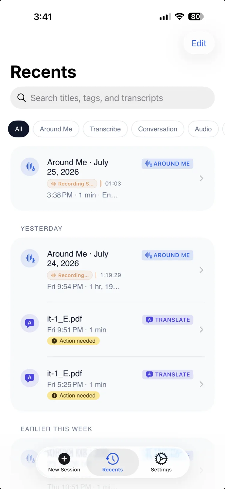 Recents screen on iPhone listing saved sessions with a search field and filter chips for each mode